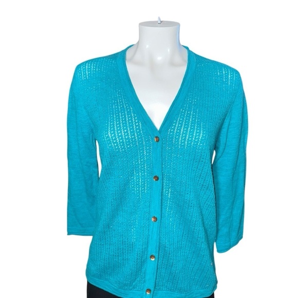 L.L. Bean Women’s Medium Teal Cardigan V-Neck 3/4 Sleeve Knit Button Up Down - Picture 2 of 4